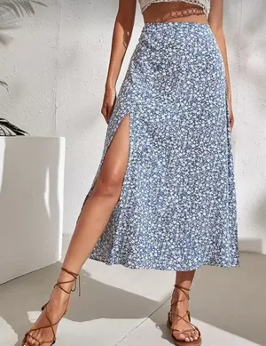 SheIn Blue Floral Midi Skirt thumbnail 1