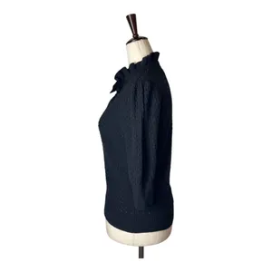 Ganni Sweater Women Small Black Linen Cotton Blend Textured Knit Ruffle Collar‎ thumbnail 6