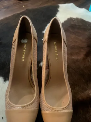 Ladies tan mesh chunky heels thumbnail 2