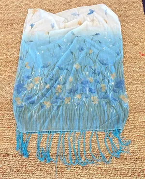 Floral Blue and White Scarf with Fringe thumbnail 1