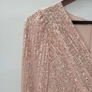 Sublime Sequined Gown S Pink Faux Wrap Long Puff Sleeve Tigh Slit Party Wedding thumbnail 4
