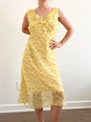 Vintage Yellow Floral Ruffle V-Neck Midi Dress thumbnail 4