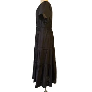 Umgee Tiered Maxi Dress‎ Medium Boho Cottagecore Smocked Waist Cotton LBD Black thumbnail 4
