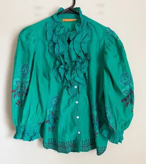 Oliphant Blouse Womens XS Ruffle Green Floral Puff Sleeve Tuckerneck thumbnail 1