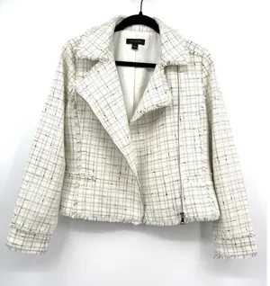 Ann Taylor Tweed Plaid Moto Jacket Sz 6 Cream Black Gold Stylish Office Career thumbnail 1