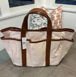 Ann Taylor Blush Canvas Tote with Brown Trim and Handles thumbnail 1