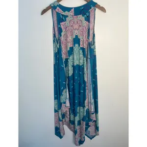 One World Wm LG Teal Paisley Sharkbite Hem Sleeveless V-Neck Midi Dress Boho thumbnail 4