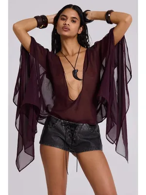 Jaded London Cape Top in Plum US 4/ UK 8 Womens Blouse Sheer thumbnail 14