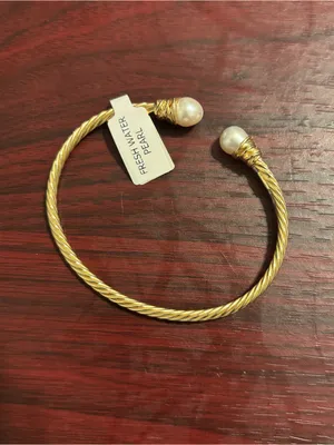 18k Gold Plated Tested Sterling Silver Open Cuff Pearl Bracelet thumbnail 4