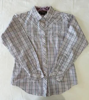 Ariat Pro Series Plaid Western Pearl Snap Shirt Medium Yoke‎ Pink Grey Shimmer thumbnail 1