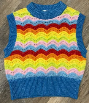 Zara Sweater Vest Small Rainbow Scallop Knit Sleeveless Colorblock thumbnail 1
