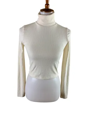 Madewell S Ivory Ribbed Turtleneck Crop Top Long Sleeve Fitted Stretch thumbnail 2