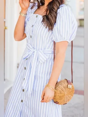 J. Crew Light Blue & White Striped Puff-Sleeve preppy summer Midi Dress XXS thumbnail 2