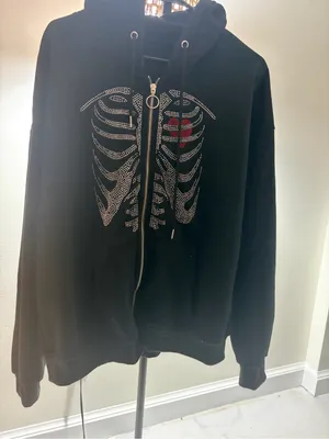 Black Rhinestone Skeleton Zip Hoodie with Red Heart Detail thumbnail 3