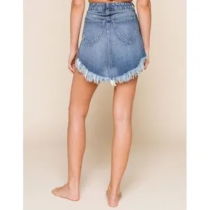 Free People We The Free Bailey Denim Mini Skirt Blue Fray Asymmetric Hem 25 NWT thumbnail 2