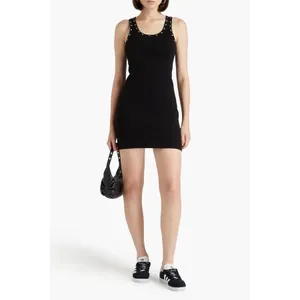 Re/Done Eyelet-Embellished Mini Dress Size Large Black Ribbed Grommet Grunge thumbnail 3