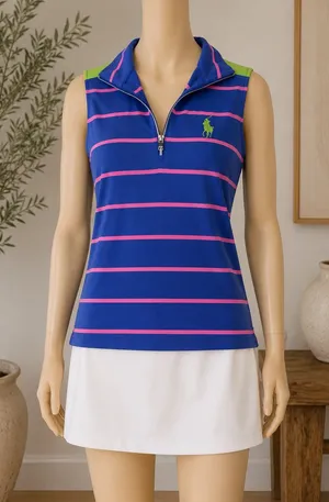 Polo Ralph Lauren Golf Women’s Sleeveless Half-Zip Striped Polo L thumbnail 1
