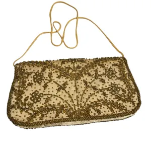 Vintage Gold Beaded Evening Clutch w/ Chain Strap Ivory Satin Floral Embroidery thumbnail 2