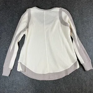 Free People Womens Waffle Knit Thermal Scoop Neck Top‎ Cream Taupe Medium thumbnail 6