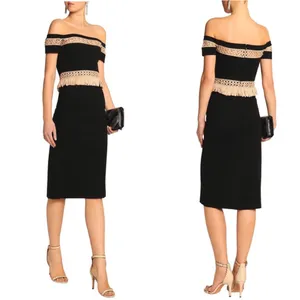 Alexis Bailey black off shoulder midi dress with cream fringe, small thumbnail 2