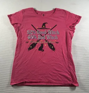Women’s Large Pink Halloween Witch Graphic T-Shirt 52% Good Witch 48% Bad Witch thumbnail 1