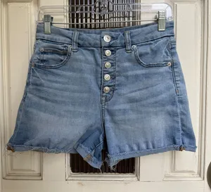 American‎ Eagle Denim Shorts Size 6 Curvy Hi-Rise Button Fly Distressed Hem thumbnail 1
