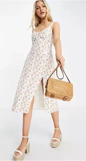Abercrombie & Fitch Cinch Front Midi Dress Peach Print Sz L thumbnail 1