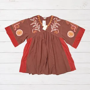 NWT Easel Floral Embroidered Boho Babydoll Mini Dress Mocha Brown M thumbnail 2