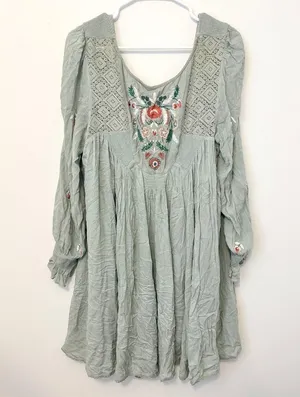 Free People Mohave Floral Embroidered Long-Sleeve Dress Size Large Sage Green thumbnail 2