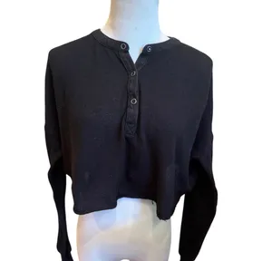 Urban Outfitters Black Crop Top Henley Lightweight Airy Relaxed Fit S thumbnail 2