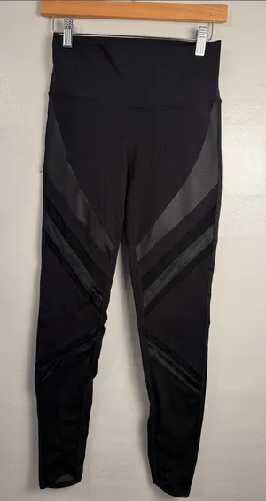 Alo Leggings Long Black Net Trim Inserts Diagonal Design Satin Strips thumbnail 1