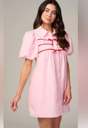 NEW TCEC PINK & Red Button UP Contrast Ribbon Mini Dress thumbnail 1