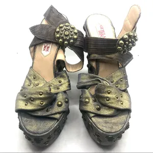 Guillaume Hinfray Gold An Blue Leather Studded Distressed Wedge Heels (36) thumbnail 12