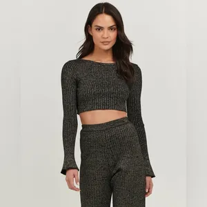 Charlie Holiday Kiara Black Lurex Rib Knit Sweater Long Sleeve Crop Top thumbnail 2