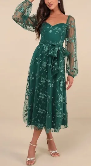 Lulus Darling‎ Charisma Emerald Mesh Embroidered Midi Dress Size Small NWT thumbnail 1