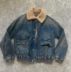 Dolls Kill Blue Denim Bomber Jacket with Tan Sherpa Collar thumbnail 1