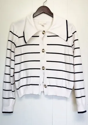 BY DESIGN Striped Button Collared Cardigan White Black Medium thumbnail 1