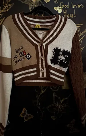 Daisy Brown & cream Y2K varsity knit cardigan thumbnail 1