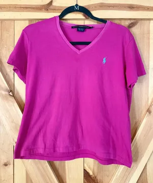 Ralph Lauren Sport T-Shirt Women Large Magenta Pink V-Neck Cotton Pony Preppy thumbnail 1