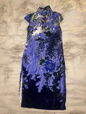 Blue Floral Cheongsam Midi Dress Size M thumbnail 2
