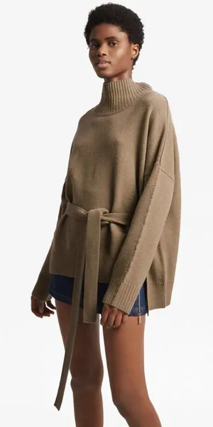 FRENCH CONNECTION Reba High Neck Belted Sweater Brown‎ X-Small thumbnail 1