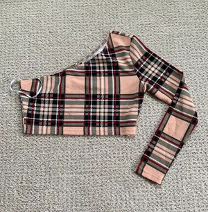 One Shoulder Burberry Print Crop Top thumbnail 3