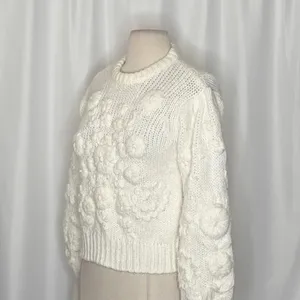 ZARA White Floral Embroidered Puff Sleeve Knit Sweater Blogger Favorite Small thumbnail 6