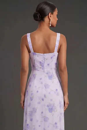 Formal Lilac Thick Straps Floral Sheath Maxi Dress w/ Slit thumbnail 4