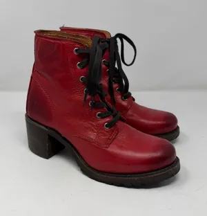 Frye Sabrina 6G Lace Up Ankle Boot Red Leather Rare Made in USA Womens 7.5 thumbnail 1