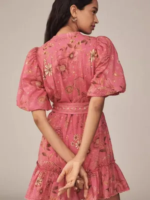 NWT Farm Rio x Anthropologie Beaded Belt Puff Sleeve Pink Mini Dress Sz SP thumbnail 2