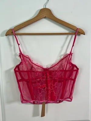 NWT SKIMS Embroidered Tulle Corset Top Pink Punch Hearts Size Large thumbnail 4