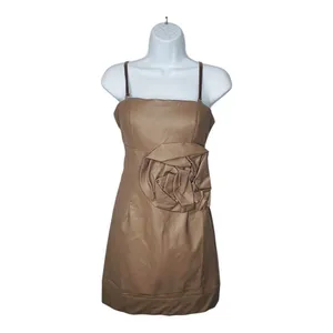 Lucy & Co Faux Leather Mini Dress Womens S Tan Rosette‎ 3D Floral Cocktail NWT thumbnail 2