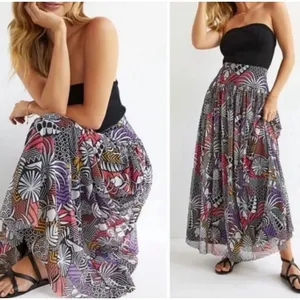 Farm Rio for Anthropologie Tropical Maxi Skirt Mesh Lined Black White Multi Smal thumbnail 3