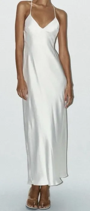 Zara White Satin Maxi Dress Luxury Slip Strappy Ethereal Bride Bachelorette thumbnail 1
